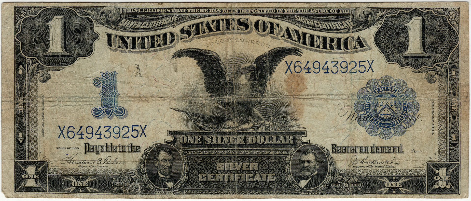 1899 1 Dollar Black Eagle Large Size Silver Certificate X64943925X - Obverse.JPG