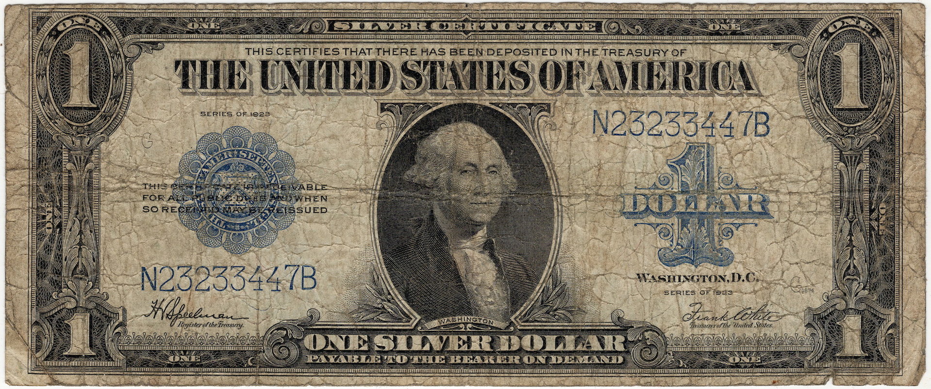 1923 1 Dollar Large Size Silver Certificate N23233447B - Obverse.JPG