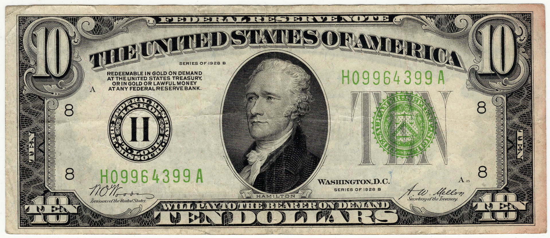 1928 B 10 Dollar FRN Note H09964399A - Obverse.JPG